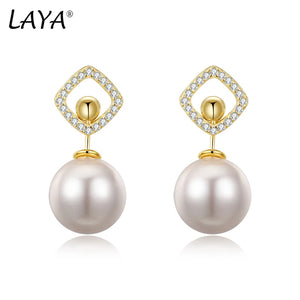 LAYA 925 Sterling Silver Shell Pearl Drop Earrings Vintage Style Fine Jewelry