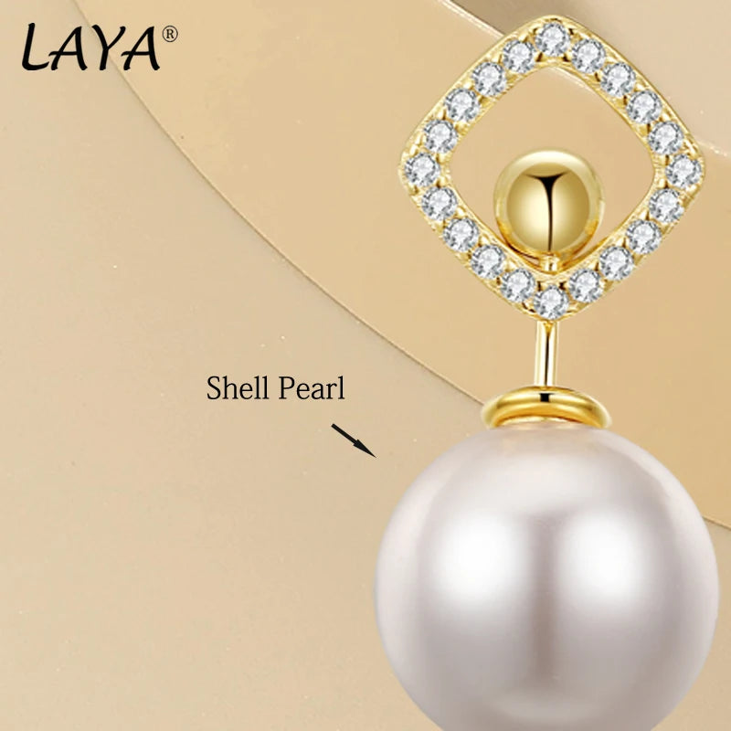 LAYA 925 Sterling Silver Shell Pearl Drop Earrings Vintage Style Fine Jewelry