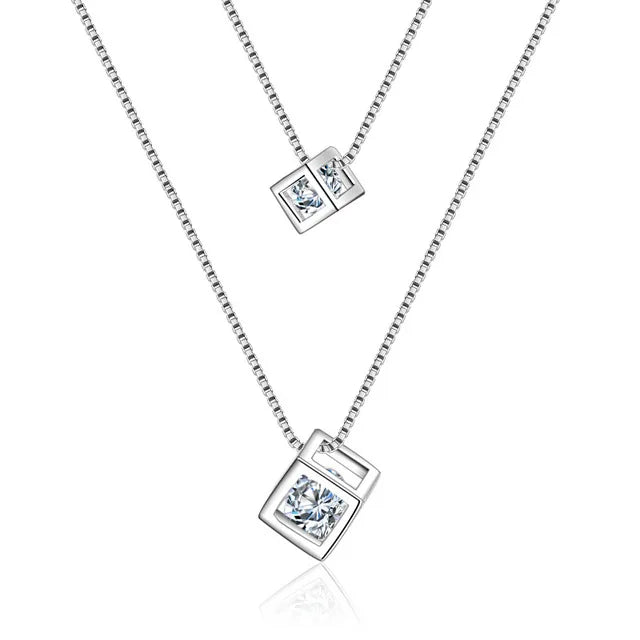 Silver Cube Pendant Double Necklace Pendant Necklace Hot Necklace Jewelry N178