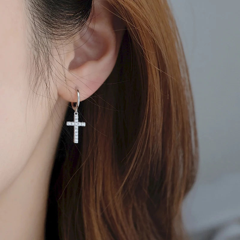 925 Silver Cross Drop Earrings Zircon Women Gift