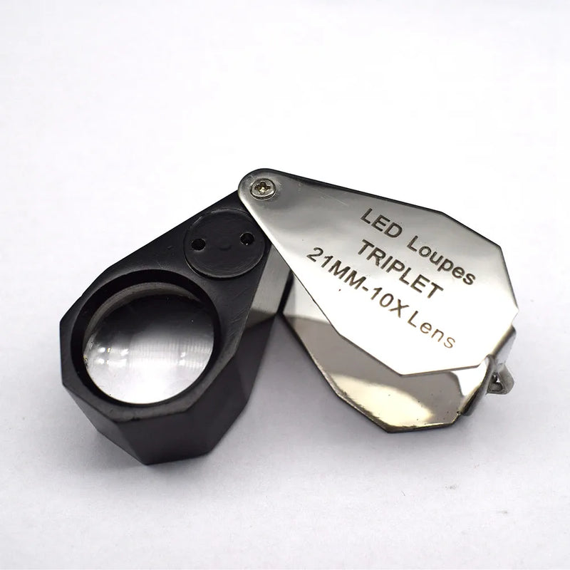 LED Jeweler Loupe Triplet Magnifying Glass 10x21mm Folding Magnifier