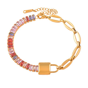 316L Stainless Steel Lock Bracelet For Women with Square Cubic Zirconia