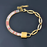 316L Stainless Steel Lock Bracelet For Women with Square Cubic Zirconia