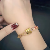 316L Stainless Steel Lock Bracelet For Women with Square Cubic Zirconia