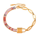 316L Stainless Steel Lock Bracelet For Women with Square Cubic Zirconia