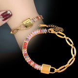 316L Stainless Steel Lock Bracelet For Women with Square Cubic Zirconia