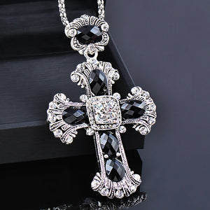 Vintage Big Stones Cross Pendant Necklace Long Chain Women Statement Jewelry