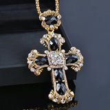 Vintage Big Stones Cross Pendant Necklace Long Chain Women Statement Jewelry
