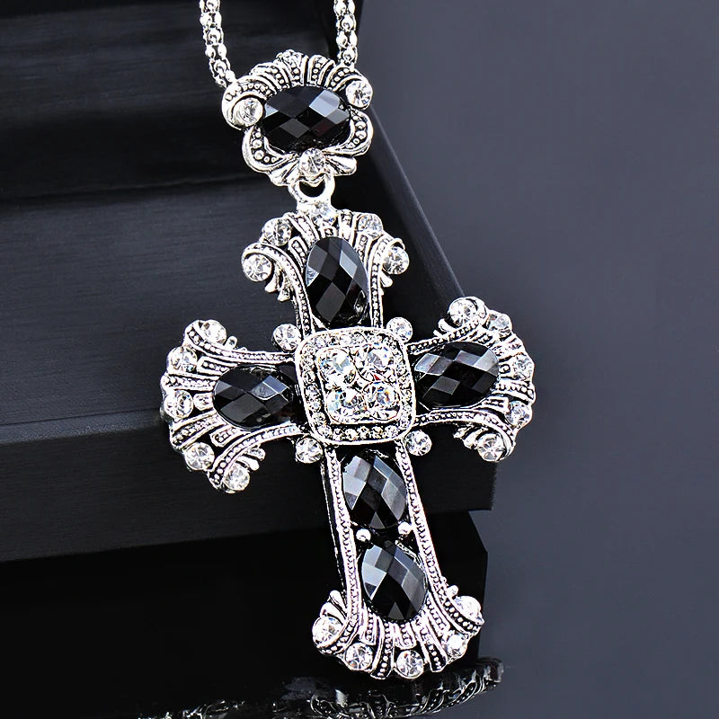 Vintage Big Stones Cross Pendant Necklace Long Chain Women Statement Jewelry