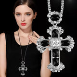 Vintage Big Stones Cross Pendant Necklace Long Chain Women Statement Jewelry