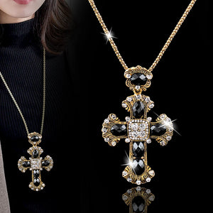 Vintage Big Stones Cross Pendant Necklace Long Chain Women Statement Jewelry
