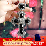 Vintage Big Stones Cross Pendant Necklace Long Chain Women Statement Jewelry