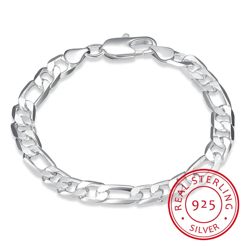 8mm Men Chain Bracelet 925 Silver Cuff Bangles