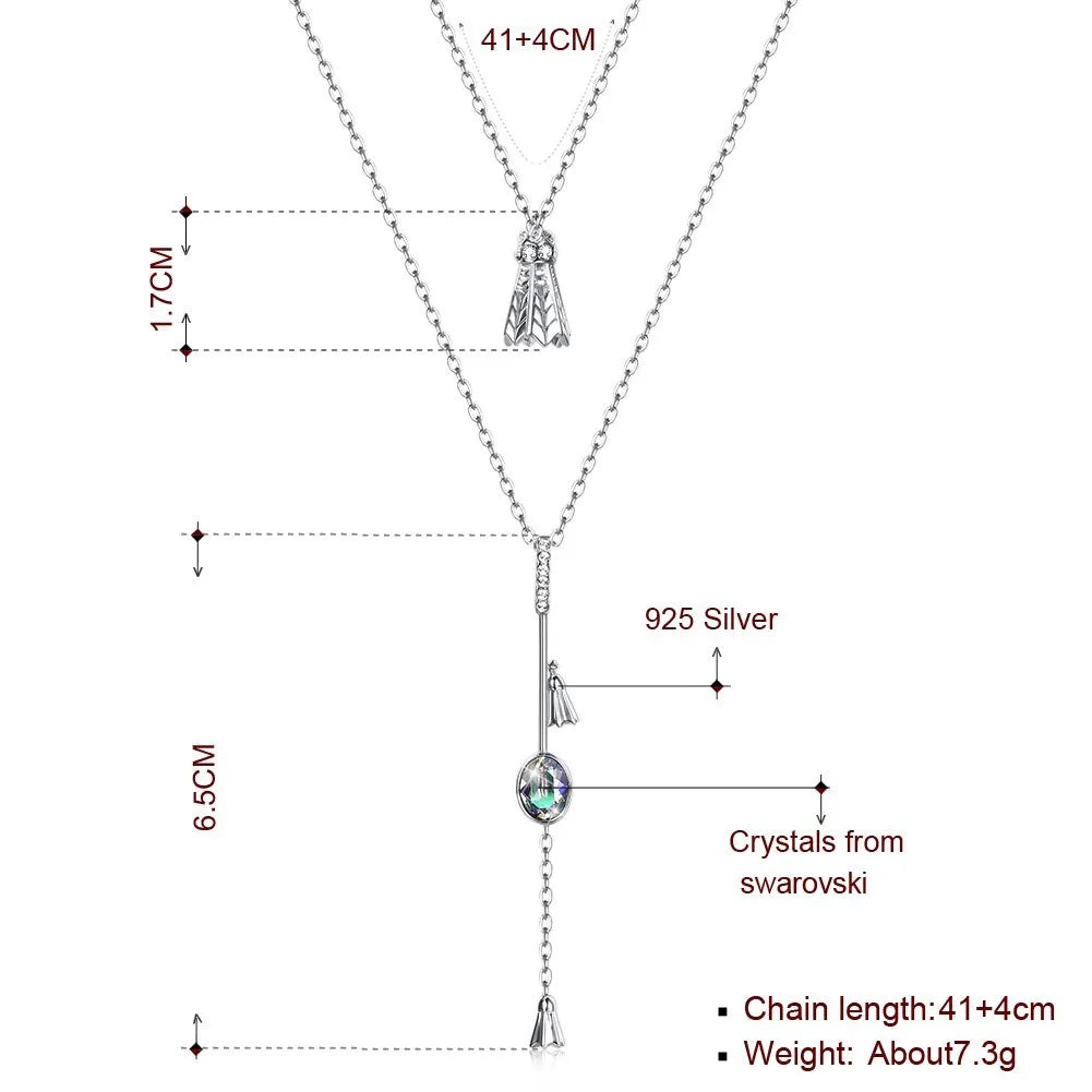 925 Silver Long Pendant Necklace Double Chains with Colorful Beads Crystals