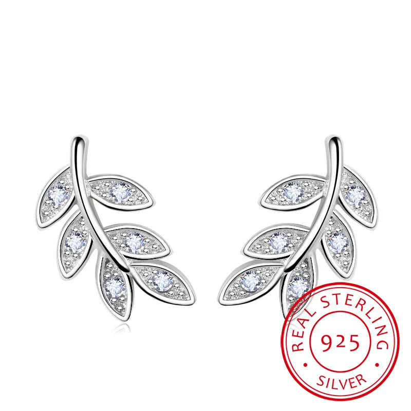 925 Silver Zirconia Leaves Earrings Women's Gift Fine Jewelry