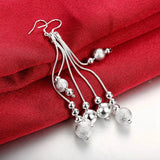 925 Sterling Silver Triple Line Long Bead Drop Earrings Vintage Ball Bead