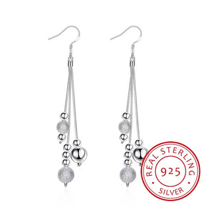 925 Sterling Silver Triple Line Long Bead Drop Earrings Vintage Ball Bead