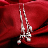 925 Sterling Silver Triple Line Long Bead Drop Earrings Vintage Ball Bead