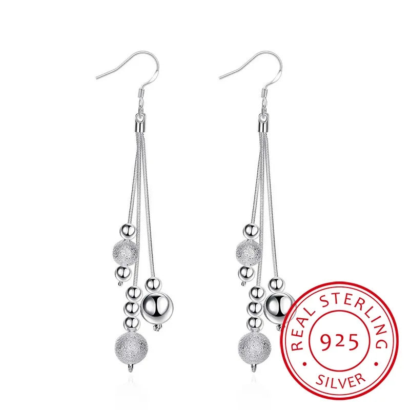 925 Sterling Silver Triple Line Long Bead Drop Earrings Vintage Ball Bead