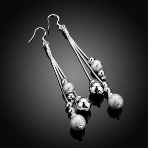 925 Sterling Silver Triple Line Long Bead Drop Earrings Vintage Ball Bead