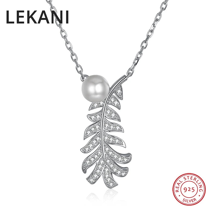 Austria Leaf Pendant Necklace S925 Silver Pearls Collar Women Party Wedding