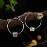 Colorful Cube Crystals Circle Stud Earrings S925 Silver Jewelry Gift