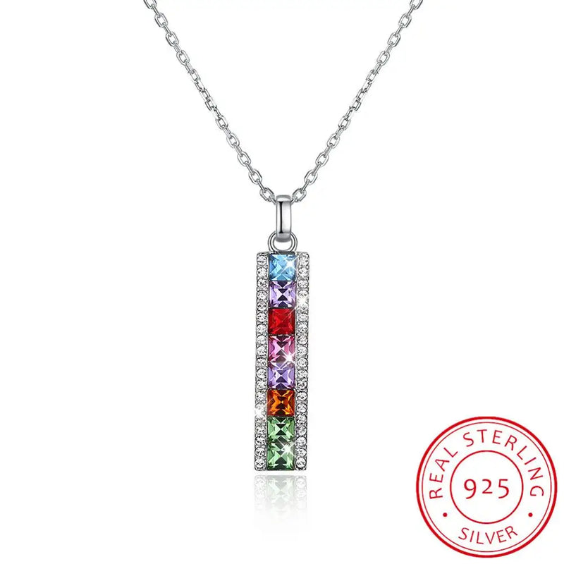 Crystal 925 Silver Necklace Rainbow Bar Pendant Fine Jewelry Chain