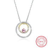 Crystal Double Circle Pendant Necklace 925 Sterling Silver Round Necklaces