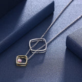 Crystal Double Square Pendant Necklace S925 Silver Fine Jewelry Women Wedding