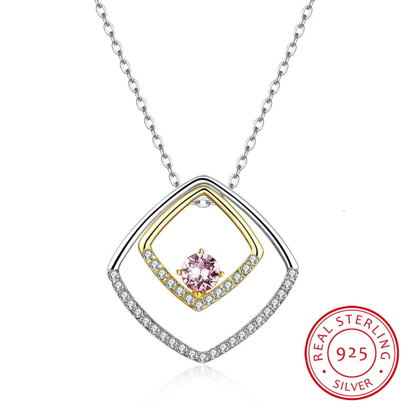 Crystal Double Square Pendant Necklace S925 Silver Fine Jewelry Women Wedding