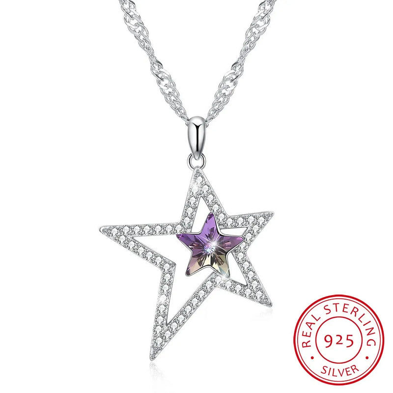 Crystals Double Stars Necklaces Pendants 925 Silver Chain Max Collares Women