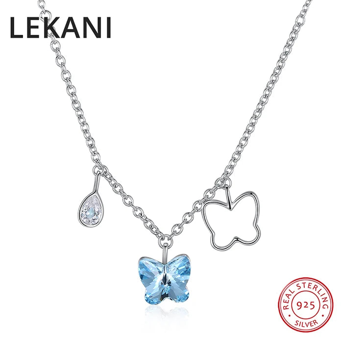 Austrian Crystal Butterfly Tassel Pendant Necklace S925 Silver Collar