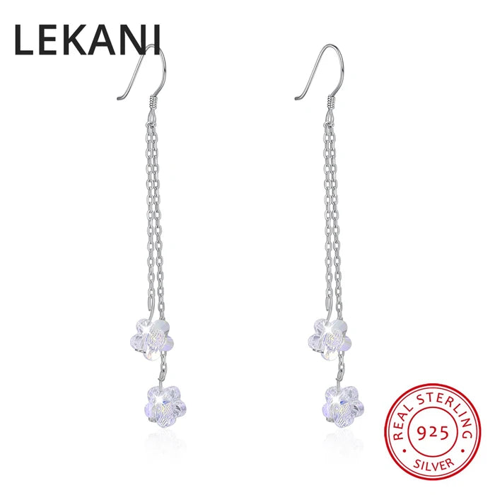 Austrian Crystal Flower Drop Earrings 925 Sterling Silver Jewelry