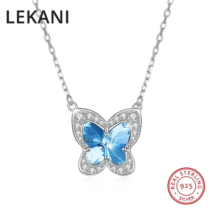 Austrian Crystal S925 Silver Butterfly Pendant Necklace for Women Girls