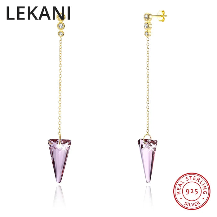 Austria Crystals Long Chain Earrings S925 Silver Spike Piercing