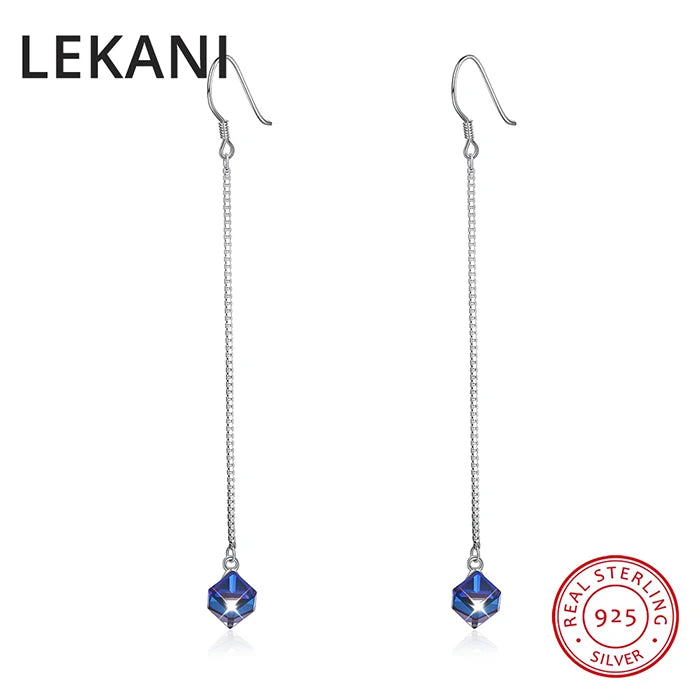 Austrian Crystal Cube Beads Drop Earrings S925 Silver Piercing