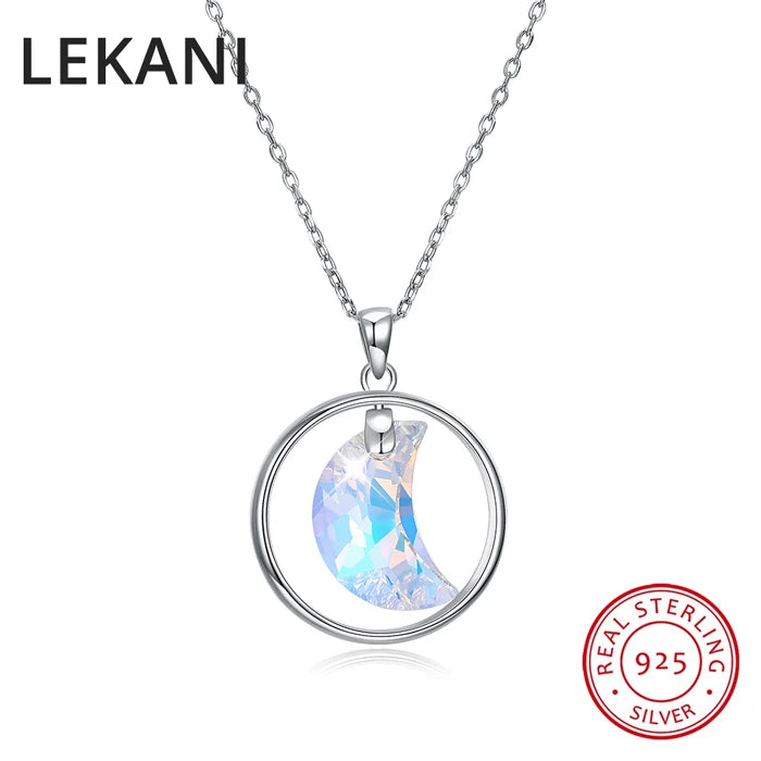 Austria Moon Circle Pendant Necklace S925 Silver Chain Collar