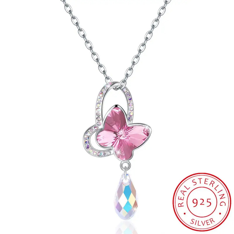 Pink Butterfly Crystal Necklace S925 Sterling Silver Jewelry