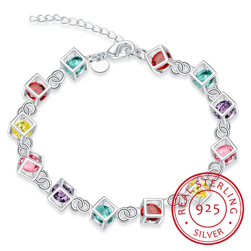 925 Silver Happiness Cube Rainbow Bracelet