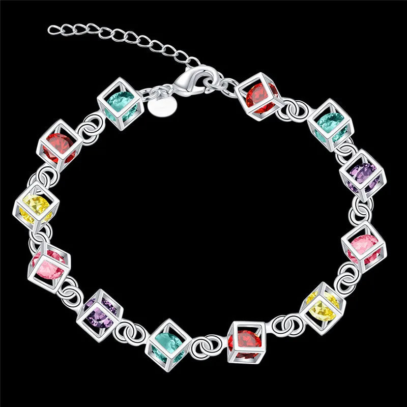 925 Silver Happiness Cube Rainbow Bracelet