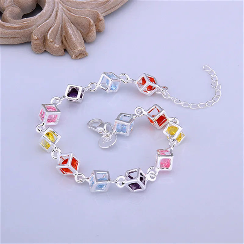 925 Silver Happiness Cube Rainbow Bracelet