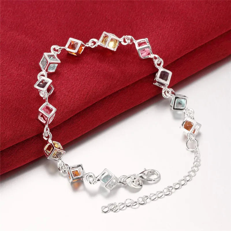 925 Silver Happiness Cube Rainbow Bracelet
