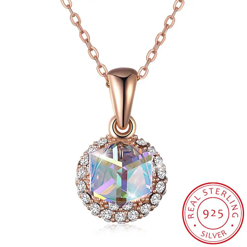 Colorful Cube Crystal Round Pendant Necklace 925 Silver Chain