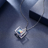 Austria Crystal Cube Rotating Pendant Necklace 925 Silver Jewelry
