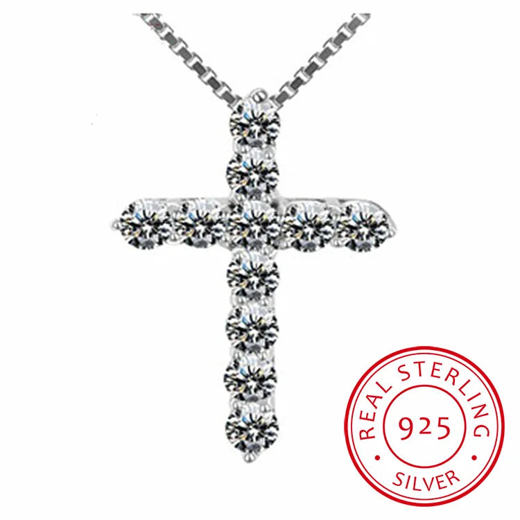 Cross Necklace 925 Sterling Silver Women Crystal CZ Pendants Necklace