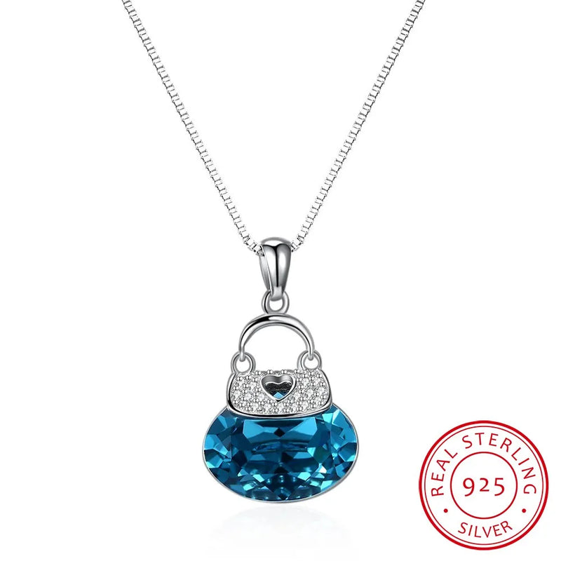 Crystals Bag Pendant Necklace For Women 925 Sterling Silver Collares