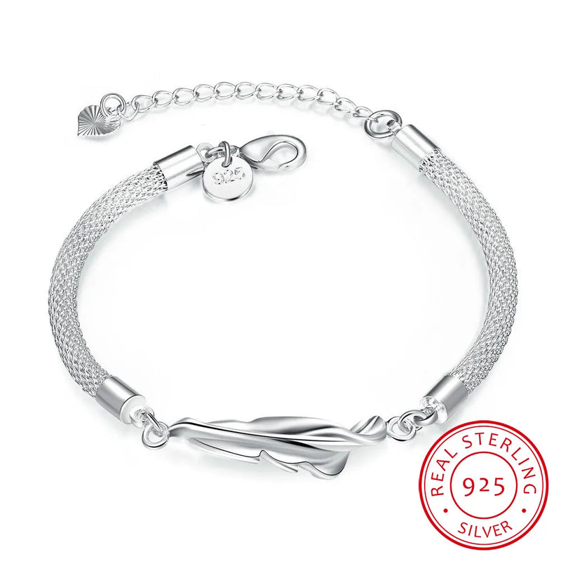 925 Sterling Silver Feather Women Bracelets Bangle Pure Silver Jewelry Girl Gift