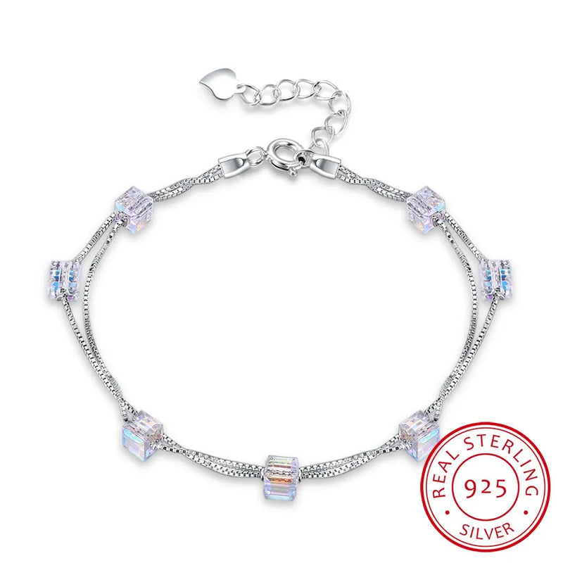 Square Crystals 925 Silver Double Chain Link Bracelet Bangles Beads For Women