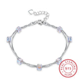 Square Crystals 925 Silver Double Chain Link Bracelet Bangles Beads For Women