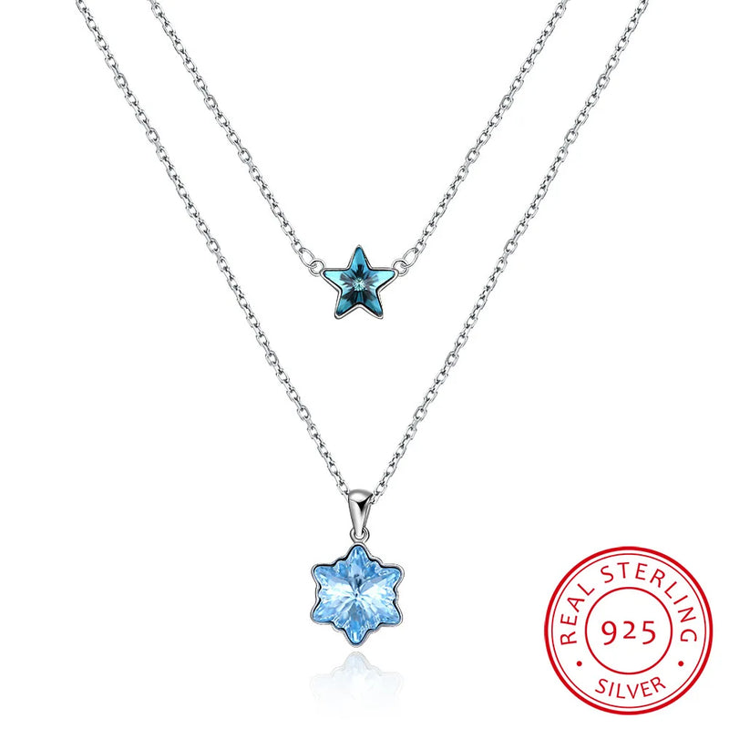 Crystal Snowflake Star Pendant Necklace S925 Silver Double Chains Wedding